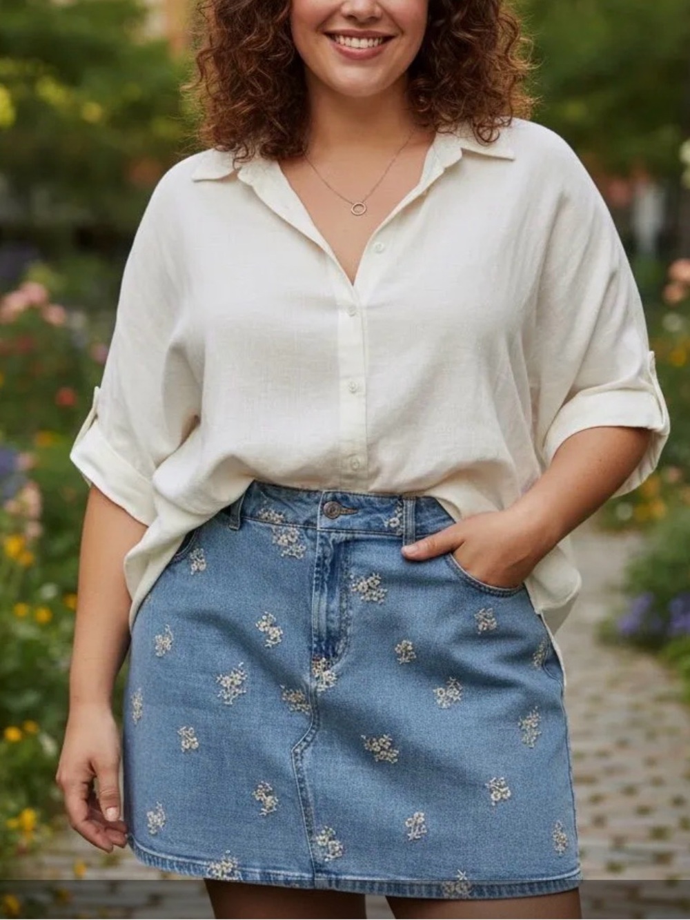 Denim Mini Skirt with Embroidered Florals - Blue